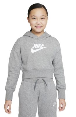 Nike Kids' Club Crop Cotton Blend French Terry Hoodie in Carbon Heather/White