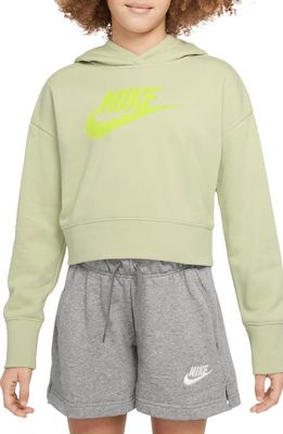 Nike Kids' Club Crop Cotton Blend French Terry Hoodie in Olive Aura/Atomic Green
