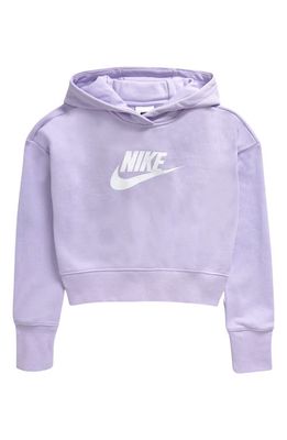 Nike Kids' Club Crop Cotton Blend French Terry Hoodie in Oxygen Purple/White
