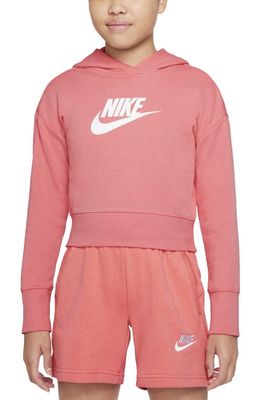 Nike Kids' Club Crop Cotton Blend French Terry Hoodie in Pink Salt/White