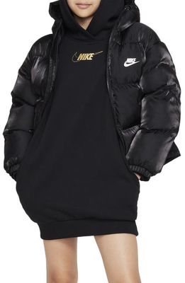 Nike Kids' Club Long Sleeve Fleece Hoodie Dress in Black/Metallic Gold