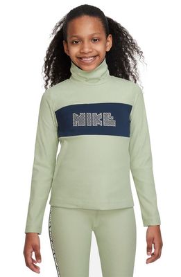 Nike Kids' Sportswear Dri-FIT Long Sleeve Logo Top in Honeydew/Navy/Coconut Milk