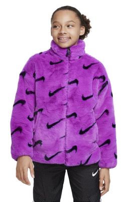 Nike Kids' Sportswear Print Faux Fur Jacket in Vivid Purple/Black