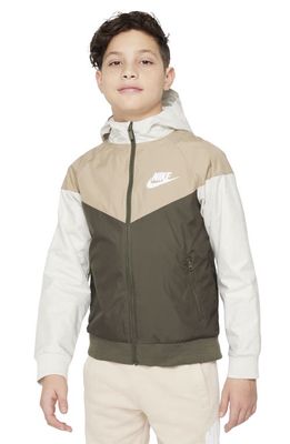 Nike Kids' Windrunner Water Repellent Hooded Jacket in Light Bone/Cargo Khaki/White