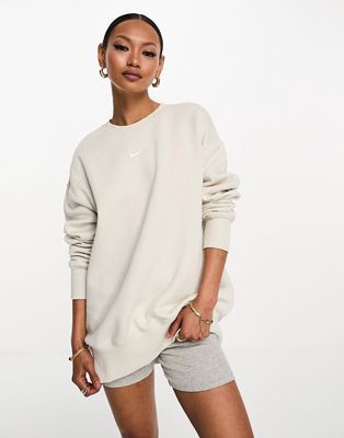 Nike mini swoosh oversized fleece sweatshirt in light orewood brown-White