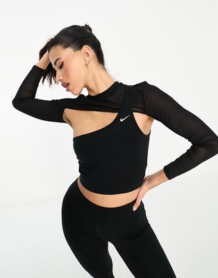 Nike Pro Training swoosh novelty cropped cut out long sleeve top in black