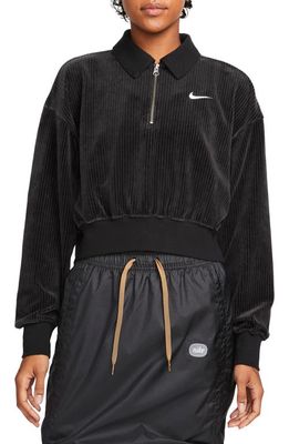 Nike Rib Velour Quarter Zip Crop Pullover in Black/Sail