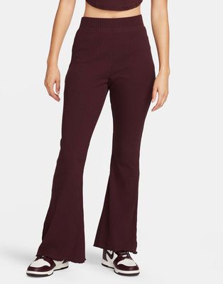 Nike Road To Wellness ribbed jersey wide leg pants in burgundy-Red