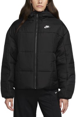 Nike Sportswear Classic Therma-FIT Hooded Water Repellent Puffer Jacket in Black/White