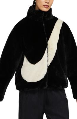 Nike Sportswear Faux Fur Swoosh Jacket in Black/Fossil