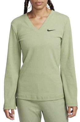 Nike Sportswear Rib Jersey Long Sleeve V-Neck Top in Oil Green/Black at Nordstrom, Size Medium