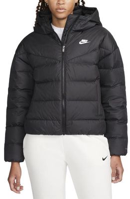 Nike Storm-FIT Windrunner Water Resistant Hooded Down Jacket in Black/Black/White