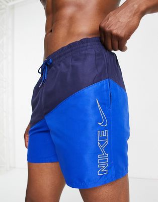 Nike Swimming 5 inch diagonal color block swim shorts in navy and blue