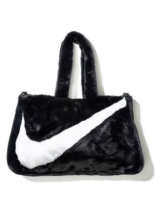 Nike Swoosh faux fur tote bag in black