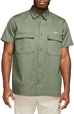 Nike Woven Military Short-Sleeve Button-Down Shirt in Oil Green/White