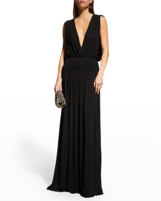 Nikita Ruched Deep V-Neck Gown
