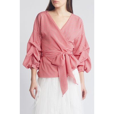 NIKKI LUND Anna Tie Waist Wrap Top in Red/Wht