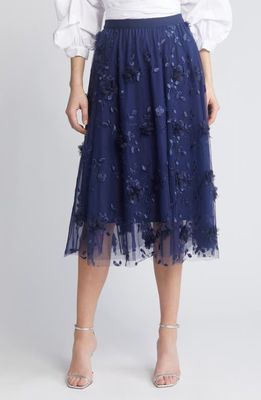 NIKKI LUND Audra Floral Appliqué Chiffon Maxi Skirt in Navy 