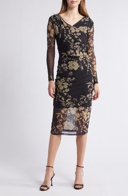 NIKKI LUND Britt Floral Print Long Sleeve Mesh Maxi Dress in Black 