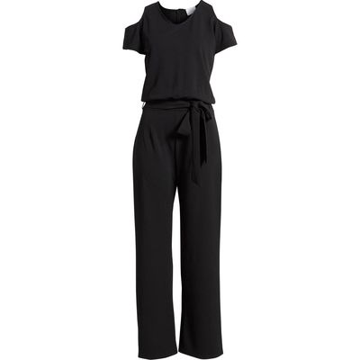 NIKKI LUND Gianna Belted Cold Shoulder Jumpsuit in Black 