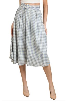 NIKKI LUND Gingham Belted High Waist Pleated A-Line Skirt in Light Pastel Blue