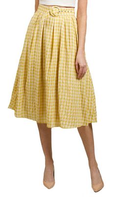 NIKKI LUND Gingham Belted High Waist Pleated A-Line Skirt in Light Pastel Yellow