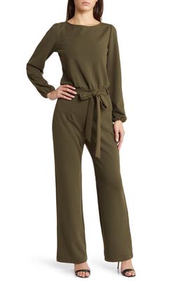 NIKKI LUND Joy Long Sleeve Tie Waist Jumpsuit in Olive 