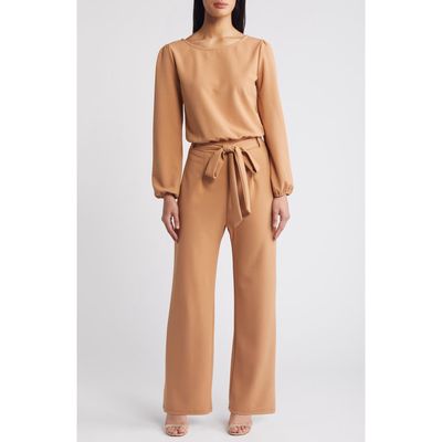 NIKKI LUND Laurie Long Sleeve Tie Waist Jumpsuit in Almond 