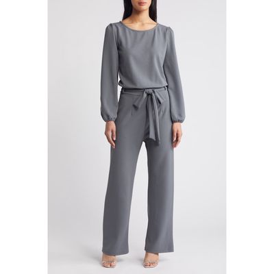 NIKKI LUND Laurie Long Sleeve Tie Waist Jumpsuit in Grey 