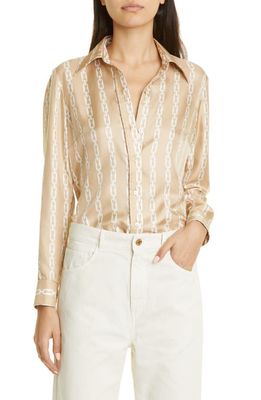 Nili Lotan Lou Silk Button-Up Shirt in Chain Link - Khaki/Ivory