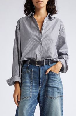 Nili Lotan Yorke Stripe High-Low Cotton Shirt in Black/White Stripe