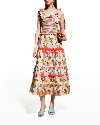 Nilsa Floral Tiered Midi Dress with Scalloped Details