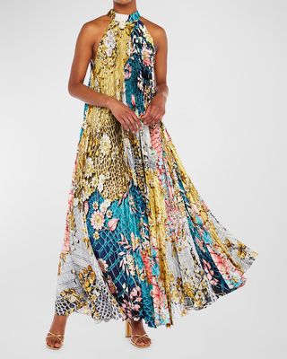Nimbus Floral Animal-Print Pleated Sleeveless Midi Dress