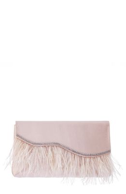 Nina Kaidy Feather Trim Satin Clutch in Pearl Rose