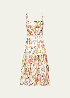 Níspero Bouquet Embroidered Linen Midi Dress