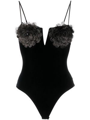 NISSA floral-appliqué velvet bodysuit - Black