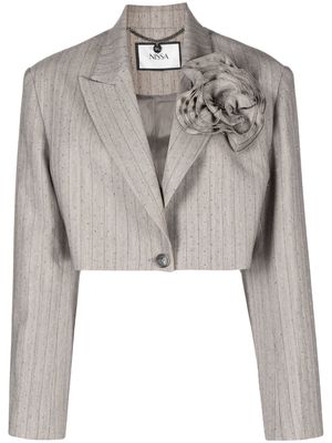NISSA rose-appliqué rhinestoned cropped blazer - Grey
