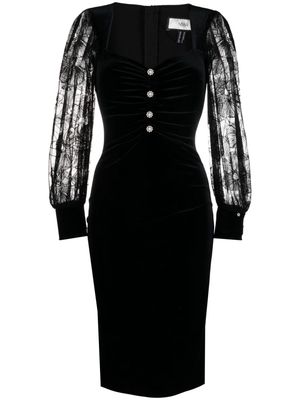 NISSA sheer-sleeves velvet bodycon dress - Black