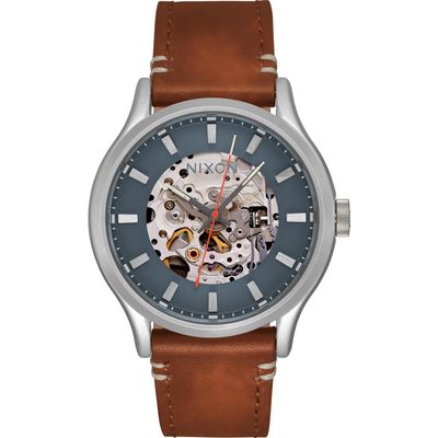 Nixon Spectra Skeleton Dial Leather Bracelet Watch, 40mm in Lt Gunmetal /Basalt /Sienna 