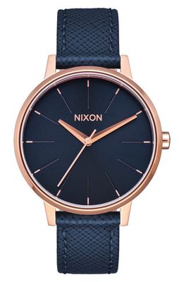 Nixon 'The Kensington' Leather Strap Watch, 37mm in Blue/Rose Gold 