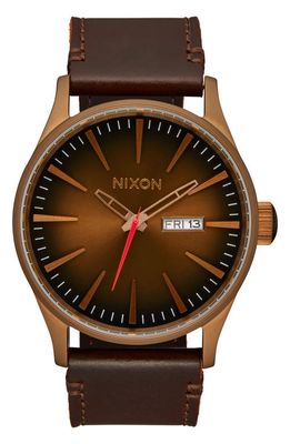 Nixon The Sentry Leather Strap Watch, 42mm in Bronze /Black 