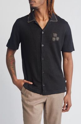 NN07 Henry Embroidered Short Sleeve Linen Knit Camp Shirt in Black