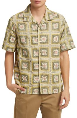 NN07 Julio Crochet Cotton Short Sleeve Button-Up Camp Shirt in Pale Green