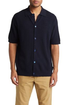 NN07 Nolan 6577 Knit Short Sleeve Button-Up Shirt in Navy Blue