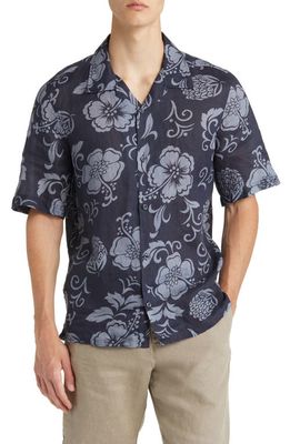 NN07 Ole 5220 Short Sleeve Linen Button-Up Camp Shirt in Navy Print