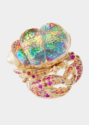 No Regrets Hermit Crab Ring with Fire Opalescent Crystal Haze, Ruby, Sapphire and Brown Diamonds
