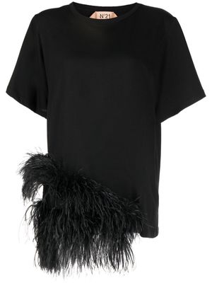 Nº21 feather-trim cotton T-shirt - Black