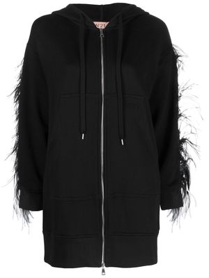 Nº21 feather-trim drawstring zipped hoodie - Black
