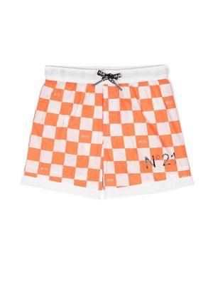 Nº21 Kids checked logo-print swim shorts - Orange