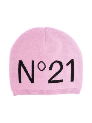 Nº21 Kids intarsia-knit logo beanie hat - Pink